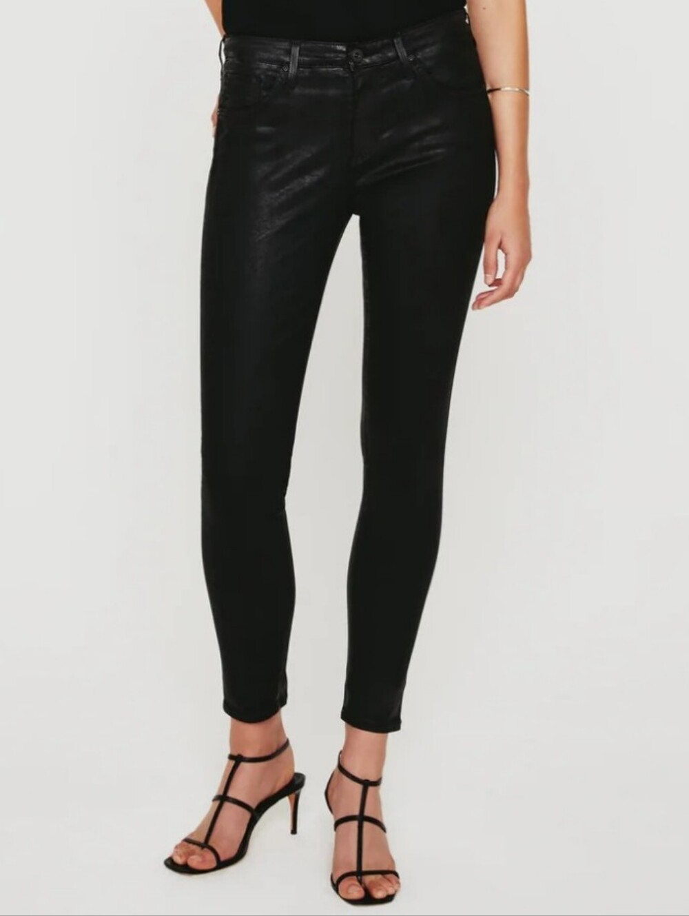 AG Adriano Goldschmied Black Leatherette Super Skinny Low Rise Ankle Jeans, 25